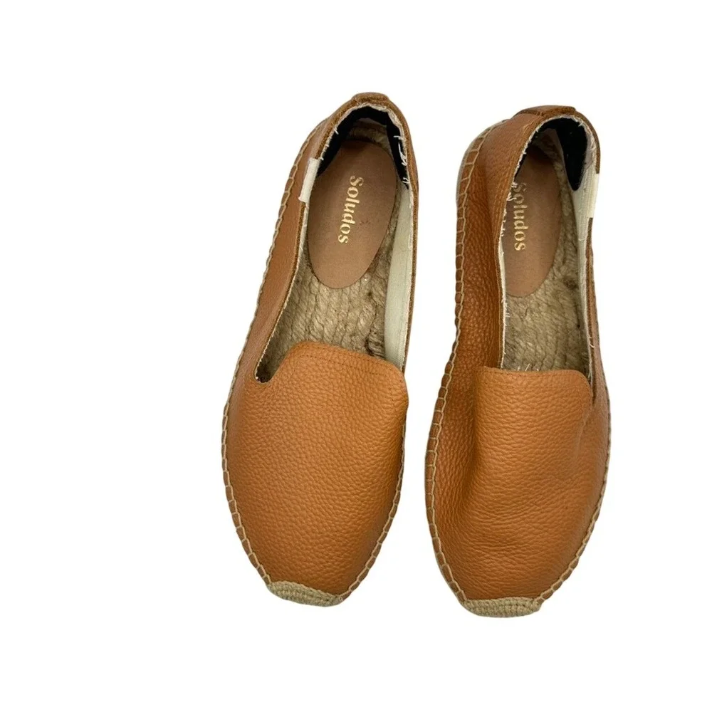 Soludos Womens Tan Pebbled Leather‎ Smoking Slipper Espadrille Flats Shoes